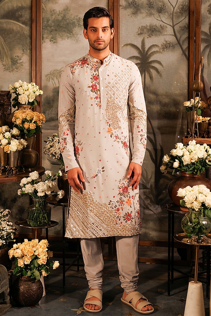 Blue Katan Silk Floral Hand Embroidered Kurta Set by Sahil Kochhar Men