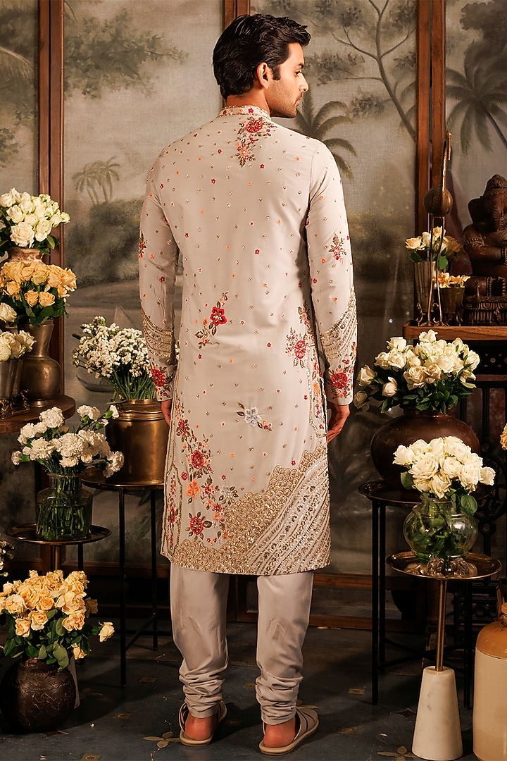 Blue Katan Silk Floral Hand Embroidered Kurta Set by Sahil Kochhar Men at Pernia's Pop Up Shop