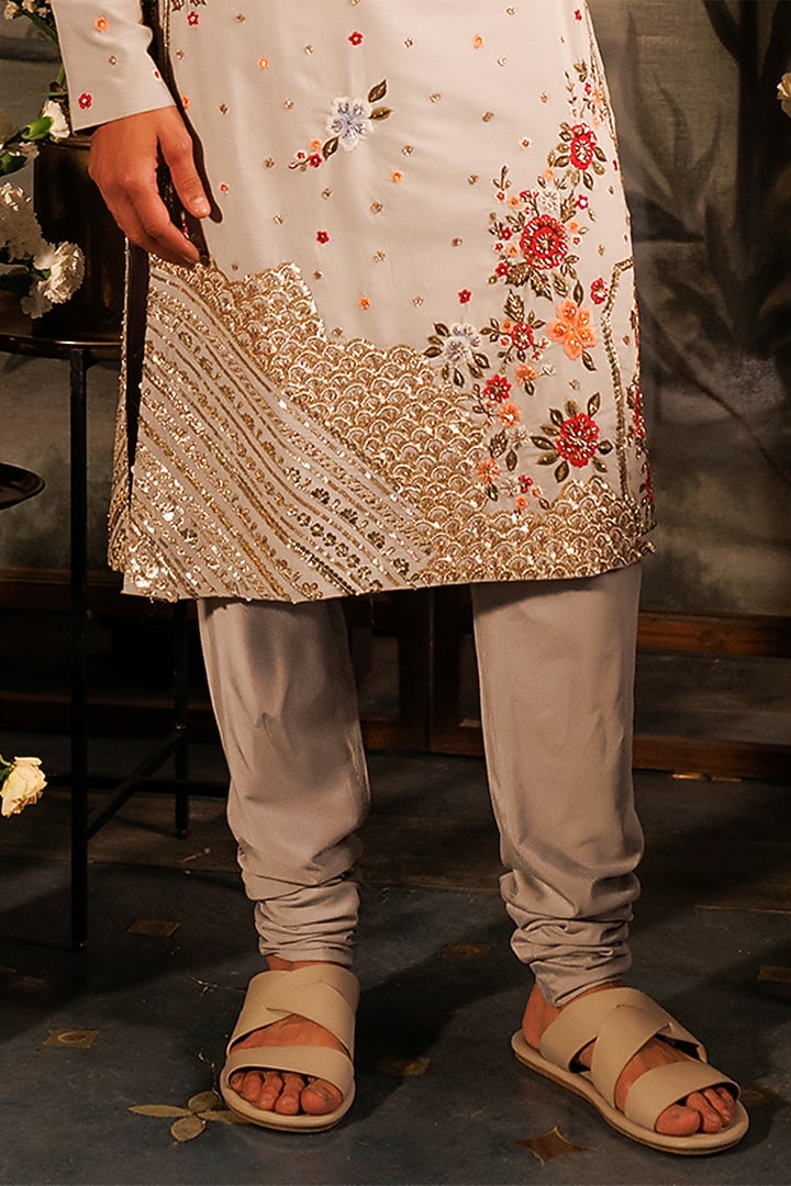 Blue Katan Silk Floral Hand Embroidered Kurta Set by Sahil Kochhar Men at Pernia's Pop Up Shop