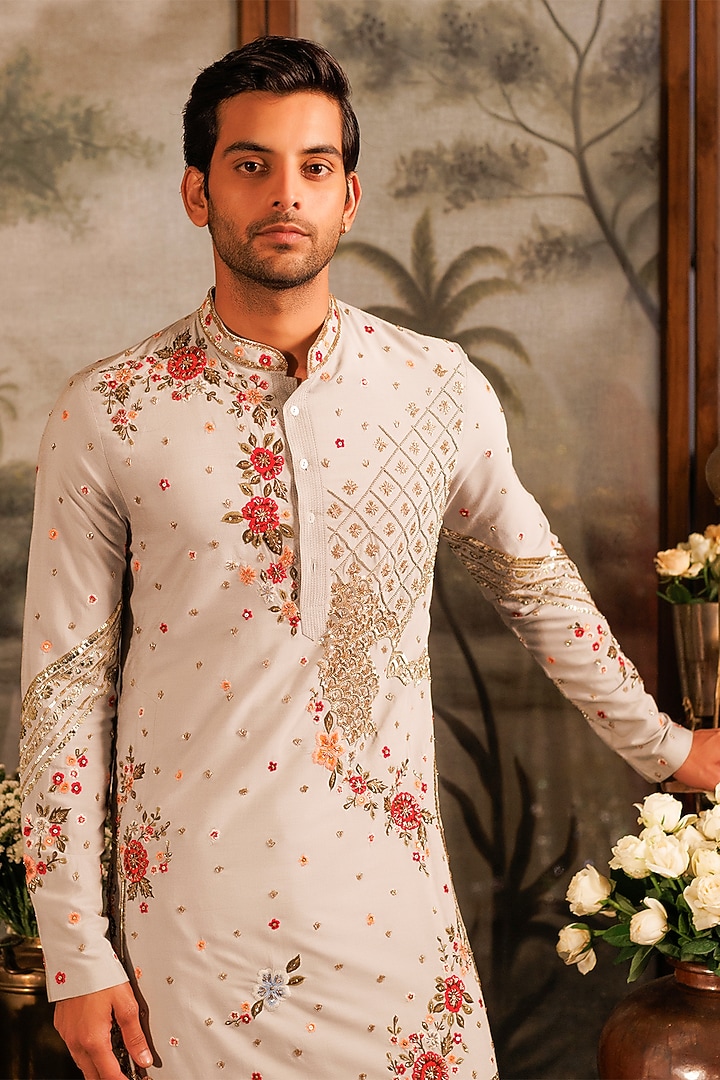 Blue Katan Silk Floral Hand Embroidered Kurta Set by Sahil Kochhar Men at Pernia's Pop Up Shop