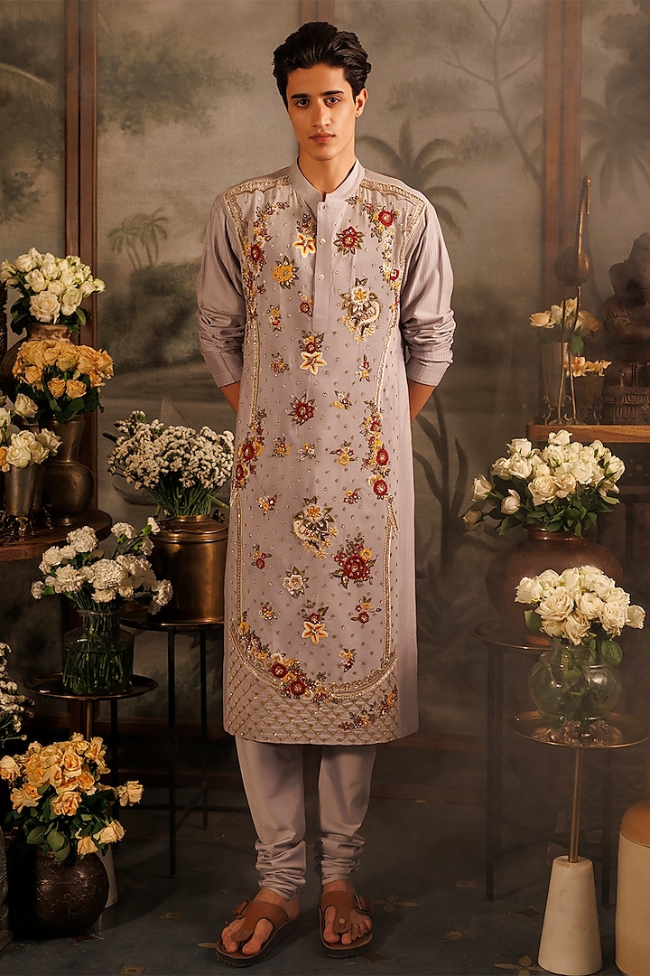 Blue Katan Silk Floral Hand Embroidered Kurta Set by Sahil Kochhar Men