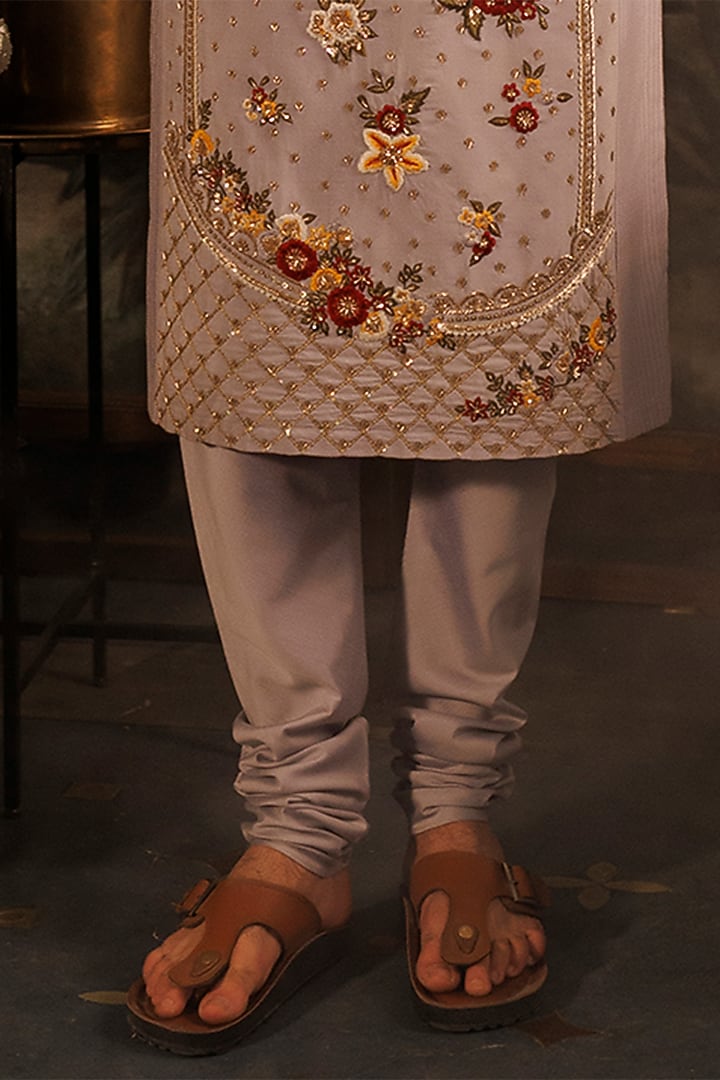 Blue Katan Silk Floral Hand Embroidered Kurta Set by Sahil Kochhar Men at Pernia's Pop Up Shop