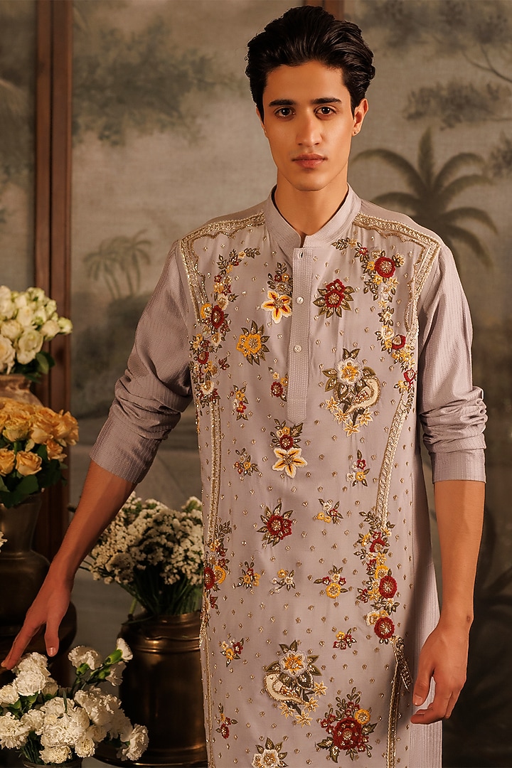 Blue Katan Silk Floral Hand Embroidered Kurta Set by Sahil Kochhar Men at Pernia's Pop Up Shop