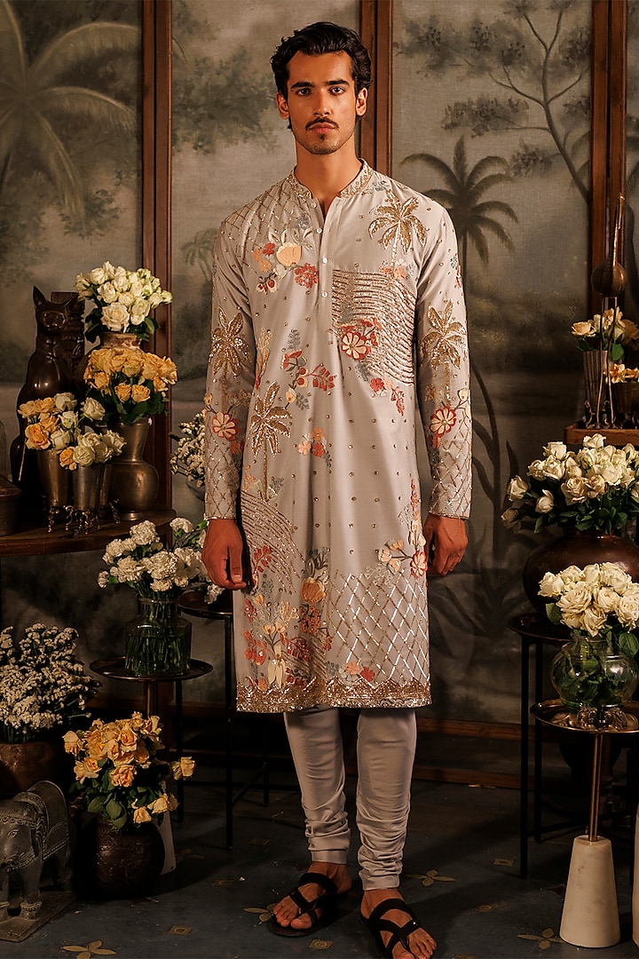 Grey Katan Silk Floral 3D Applique Hand Embroidered Kurta Set by Sahil Kochhar Men