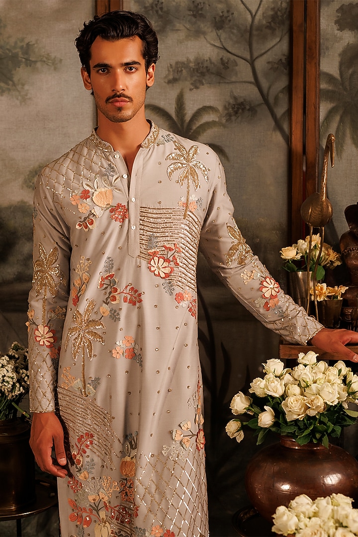 Grey Katan Silk Floral 3D Applique Hand Embroidered Kurta Set by Sahil Kochhar Men at Pernia's Pop Up Shop