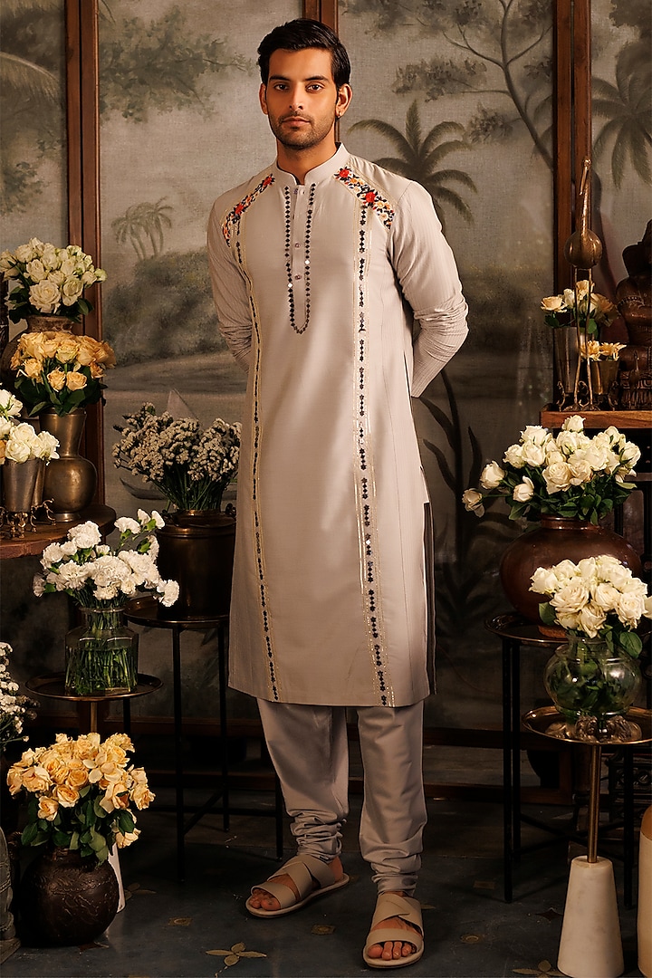 Grey Katan Silk Thread Machine Embroidered Kurta Set by Sahil Kochhar Men