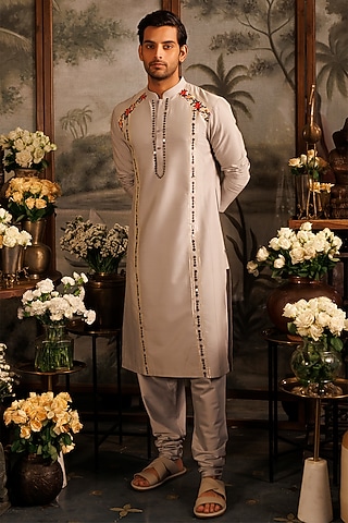 Grey Katan Silk Thread Machine Embroidered Kurta Set by Sahil Kochhar Men