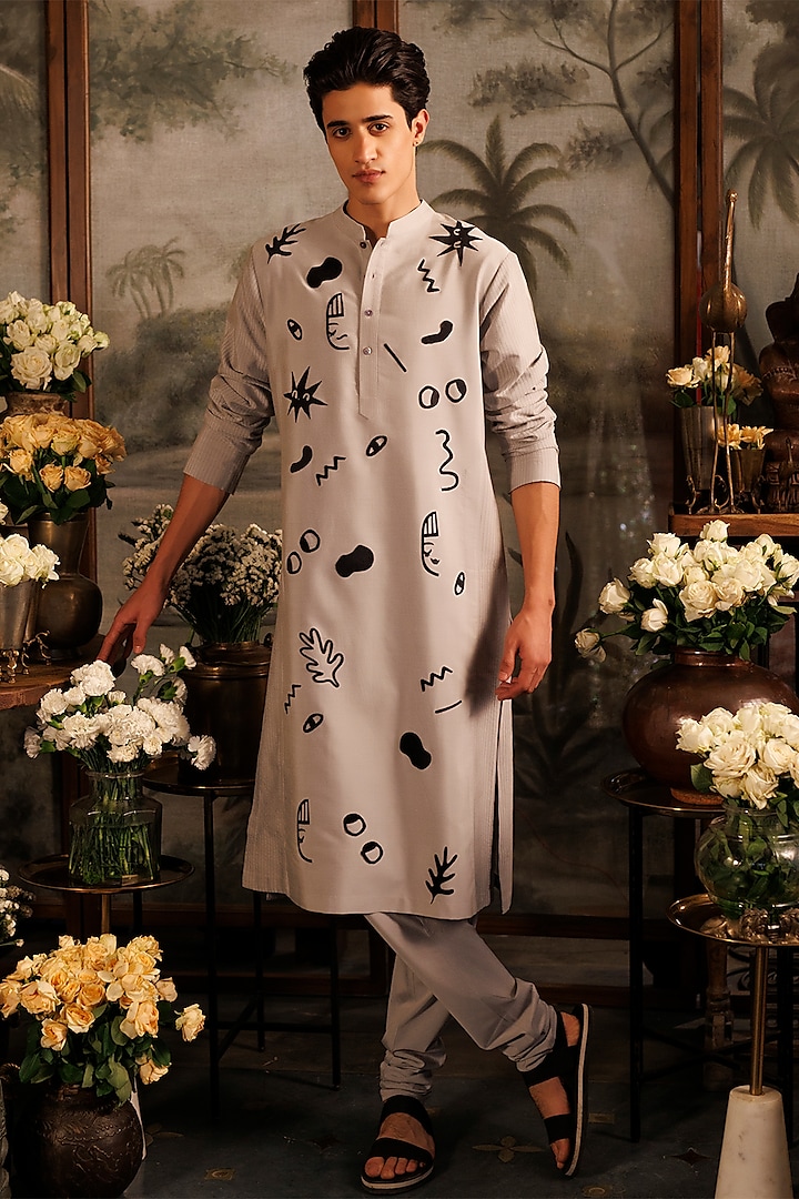 Green Katan Silk Applique Work Straight Kurta Set by Sahil Kochhar Men