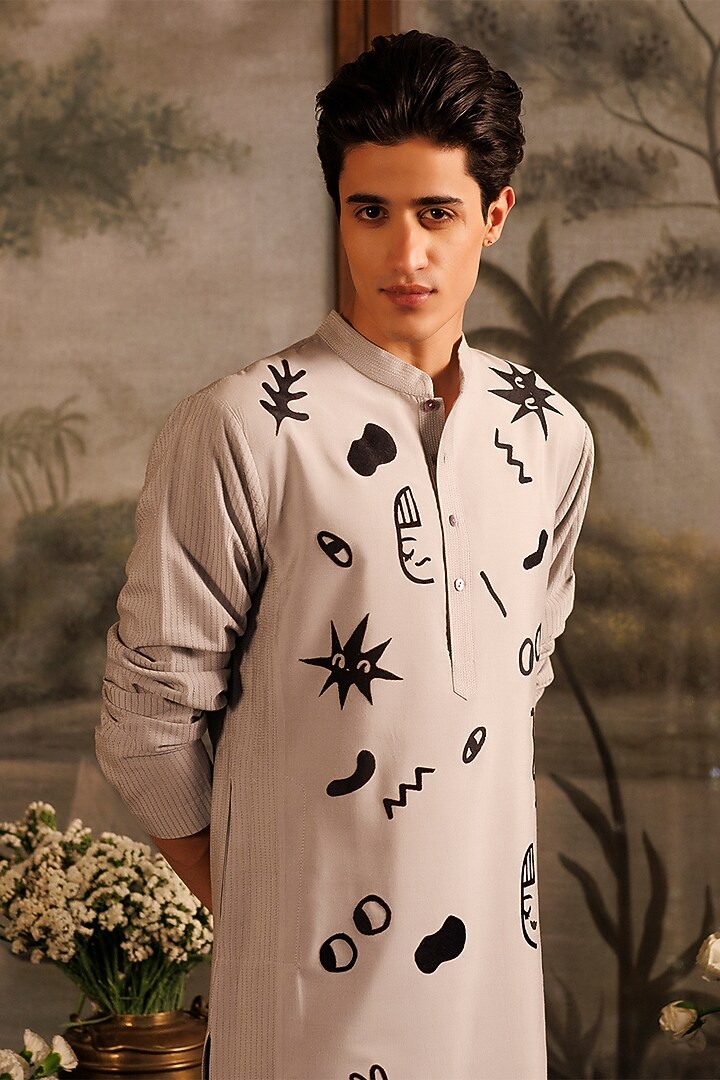 Grey Katan Silk Applique Work Straight Kurta Set by Sahil Kochhar Men at Pernia's Pop Up Shop