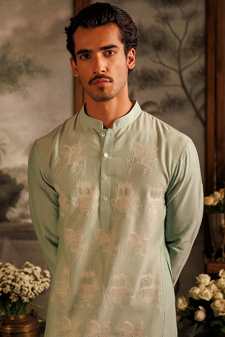 Green Katan Silk Thread Machine Embroidered Work Kurta Set by Sahil Kochhar Men at Pernia's Pop Up Shop
