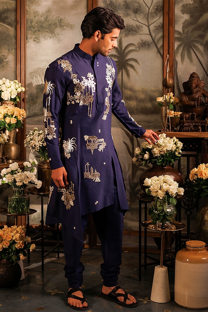 Blue Katan Silk 3D Floral Applique Work Panelled Kurta Set by Sahil Kochhar Men