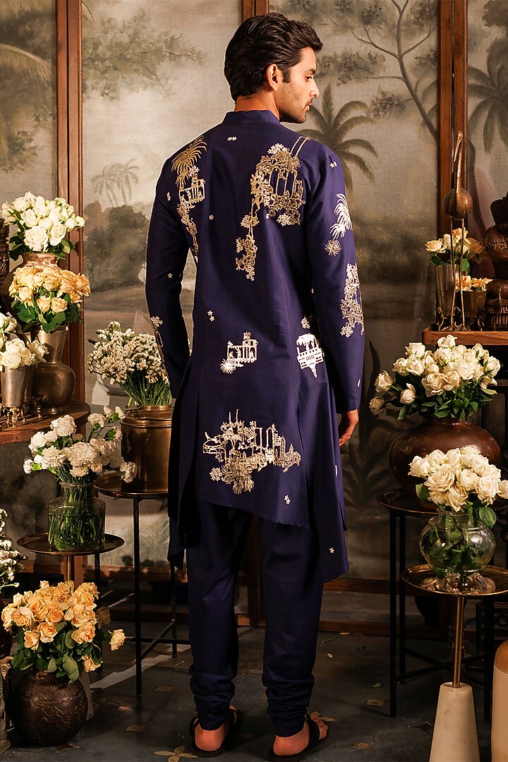 Blue Katan Silk 3D Floral Applique Work Panelled Kurta Set by Sahil Kochhar Men at Pernia's Pop Up Shop