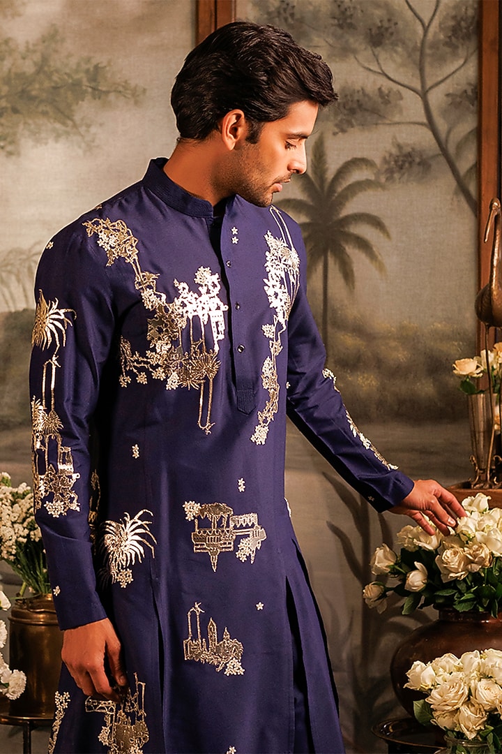 Blue Katan Silk 3D Floral Applique Work Panelled Kurta Set by Sahil Kochhar Men at Pernia's Pop Up Shop