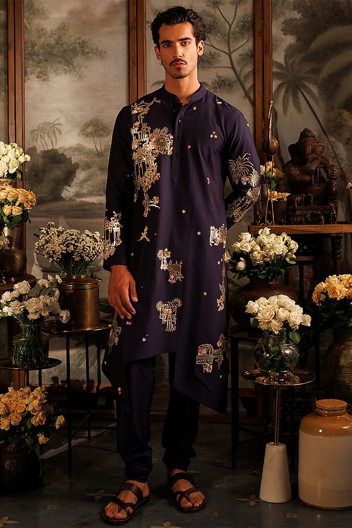 Blue Katan Silk 3D Floral Applique Work Panelled Kurta Set by Sahil Kochhar Men