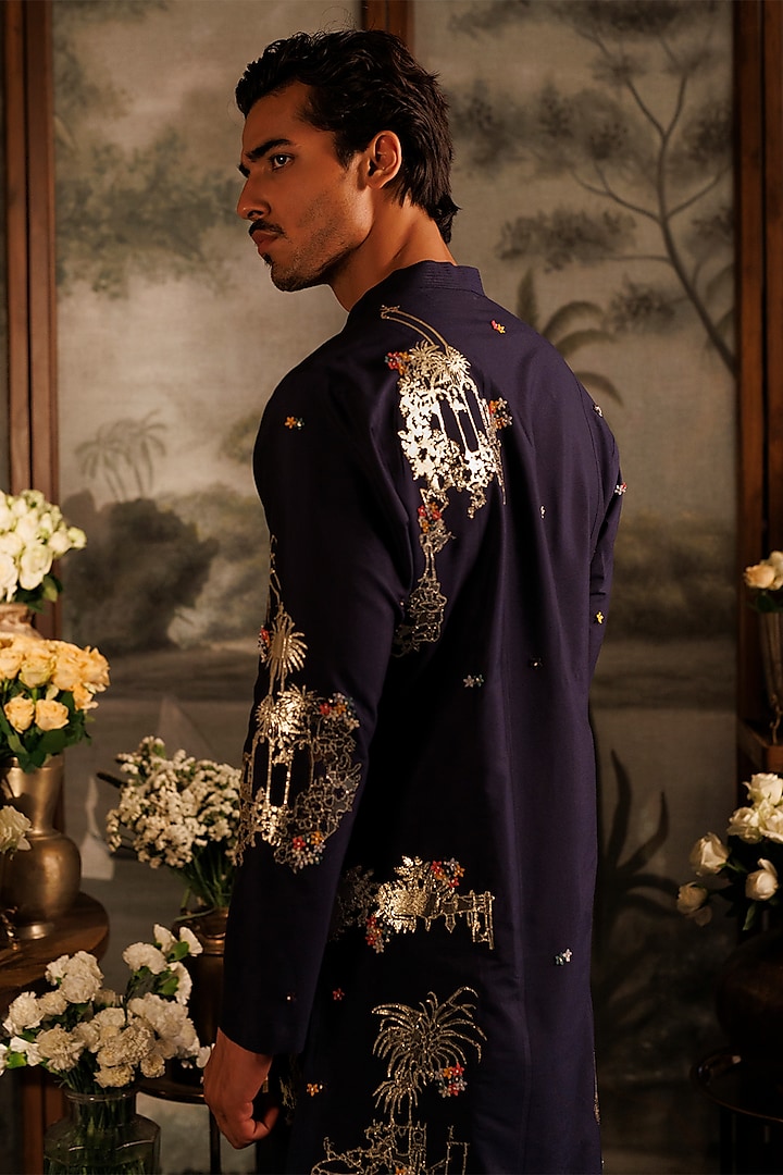 Blue Katan Silk 3D Floral Applique Work Panelled Kurta Set by Sahil Kochhar Men at Pernia's Pop Up Shop