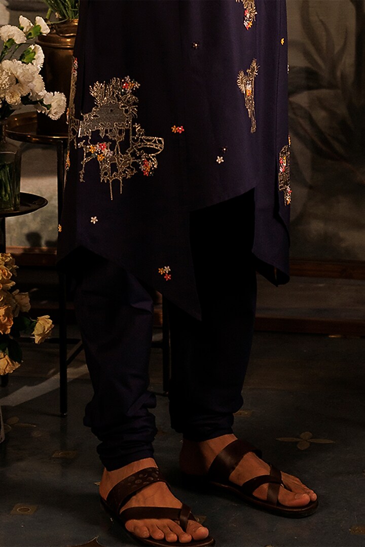 Blue Katan Silk 3D Floral Applique Work Panelled Kurta Set by Sahil Kochhar Men at Pernia's Pop Up Shop