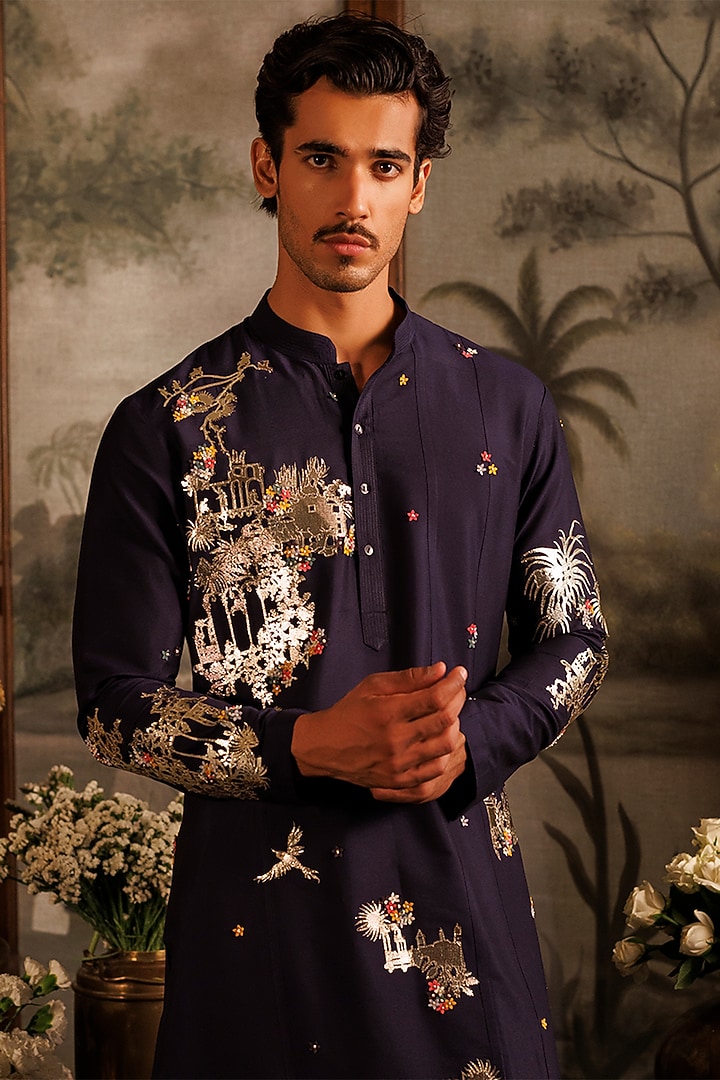 Blue Katan Silk 3D Floral Applique Work Panelled Kurta Set by Sahil Kochhar Men at Pernia's Pop Up Shop