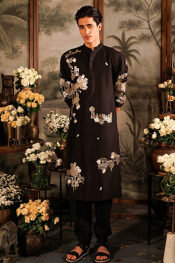 Black Katan Silk 3D Floral Applique Work Straight Kurta Set by Sahil Kochhar Men