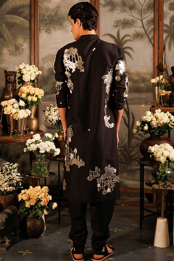 Black Katan Silk 3D Floral Applique Work Straight Kurta Set by Sahil Kochhar Men at Pernia's Pop Up Shop