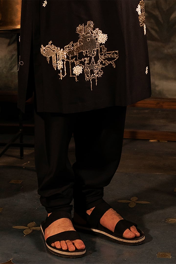 Black Katan Silk 3D Floral Applique Work Straight Kurta Set by Sahil Kochhar Men at Pernia's Pop Up Shop