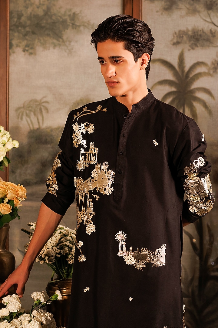 Black Katan Silk 3D Floral Applique Work Straight Kurta Set by Sahil Kochhar Men at Pernia's Pop Up Shop