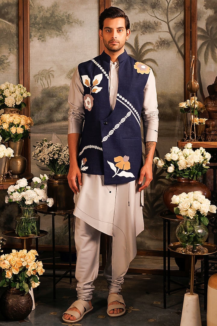 Blue Matka Silk Floral Applique Work Asymmetric Bundi Jacket by Sahil Kochhar Men at Pernia's Pop Up Shop