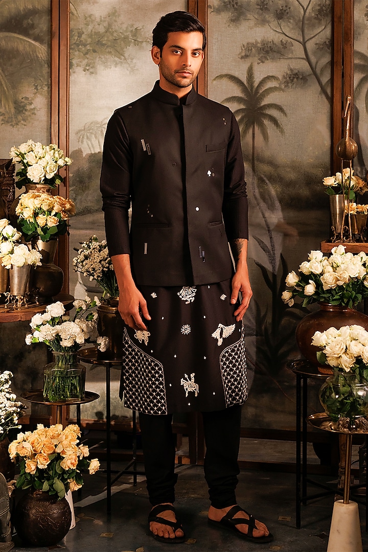 Black Suiting Bundi Jacket by Sahil Kochhar Men