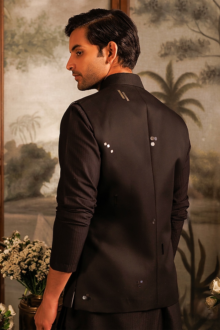 Black Suiting Bundi Jacket by Sahil Kochhar Men at Pernia's Pop Up Shop