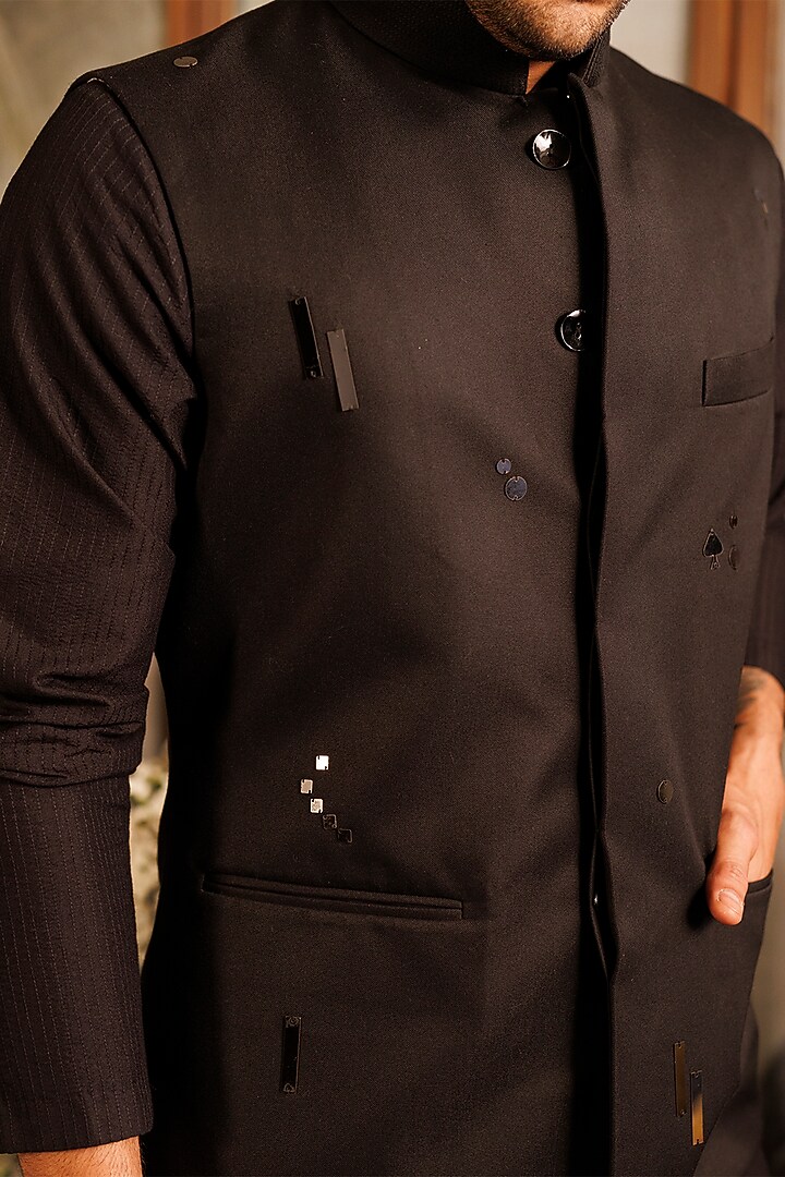 Black Suiting Bundi Jacket by Sahil Kochhar Men at Pernia's Pop Up Shop