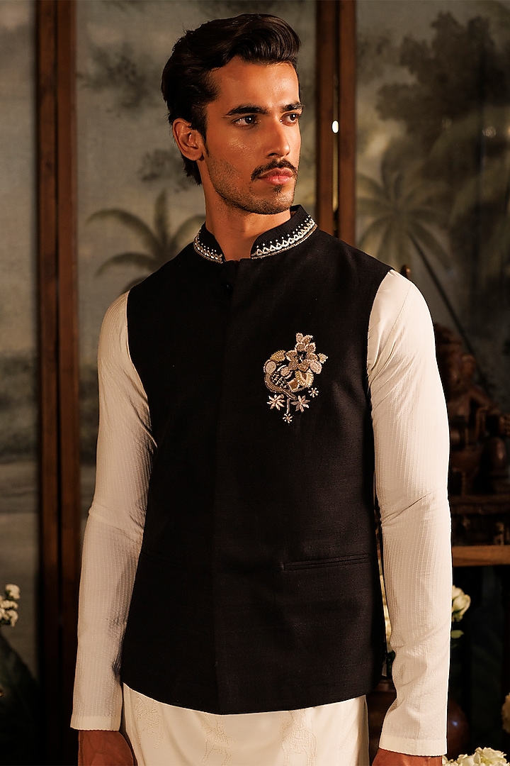 Black Matka Silk Hand Embroidered Bundi Jacket by Sahil Kochhar Men