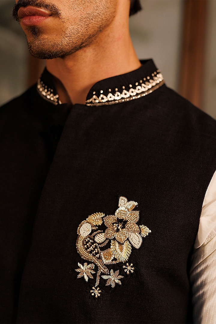 Black Matka Silk Hand Embroidered Bundi Jacket by Sahil Kochhar Men at Pernia's Pop Up Shop
