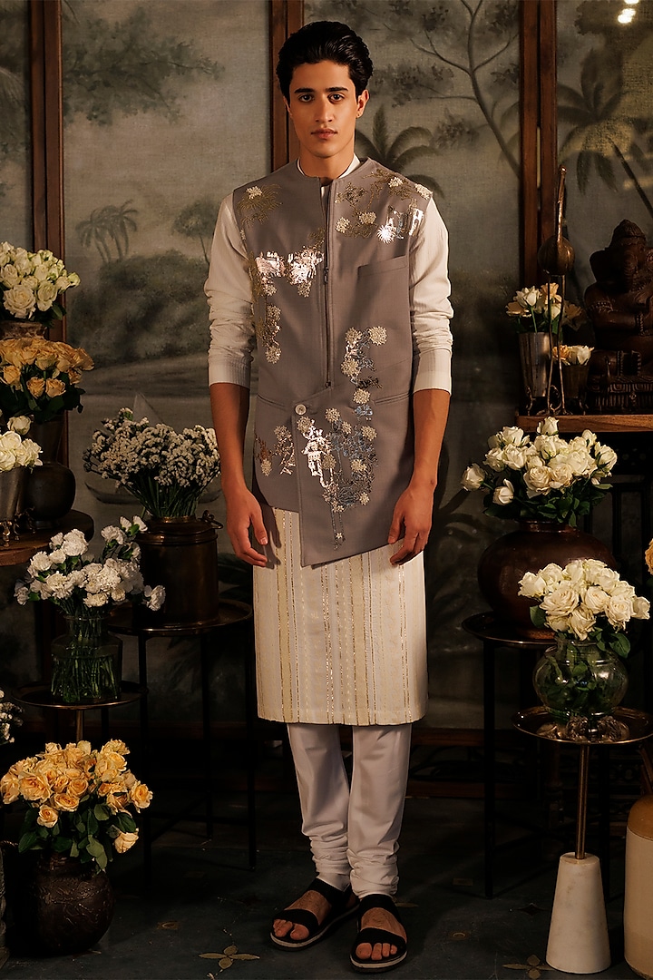 Grey Suiting Applique Work Asymmetric Bundi Jacket by Sahil Kochhar Men