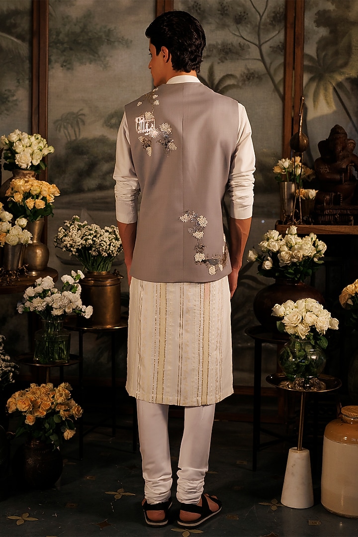 Grey Suiting Applique Work Asymmetric Bundi Jacket by Sahil Kochhar Men at Pernia's Pop Up Shop