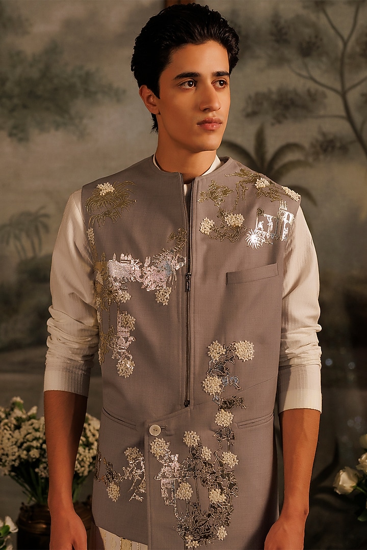 Grey Suiting Applique Work Asymmetric Bundi Jacket by Sahil Kochhar Men at Pernia's Pop Up Shop