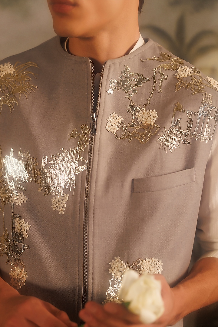 Grey Suiting Applique Work Asymmetric Bundi Jacket by Sahil Kochhar Men at Pernia's Pop Up Shop