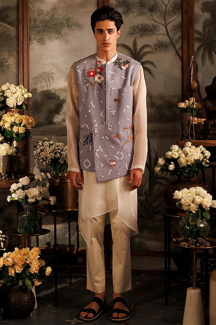 Grey Suiting Sequins Hand Embroidered Asymmetric Bundi Jacket by Sahil Kochhar Men