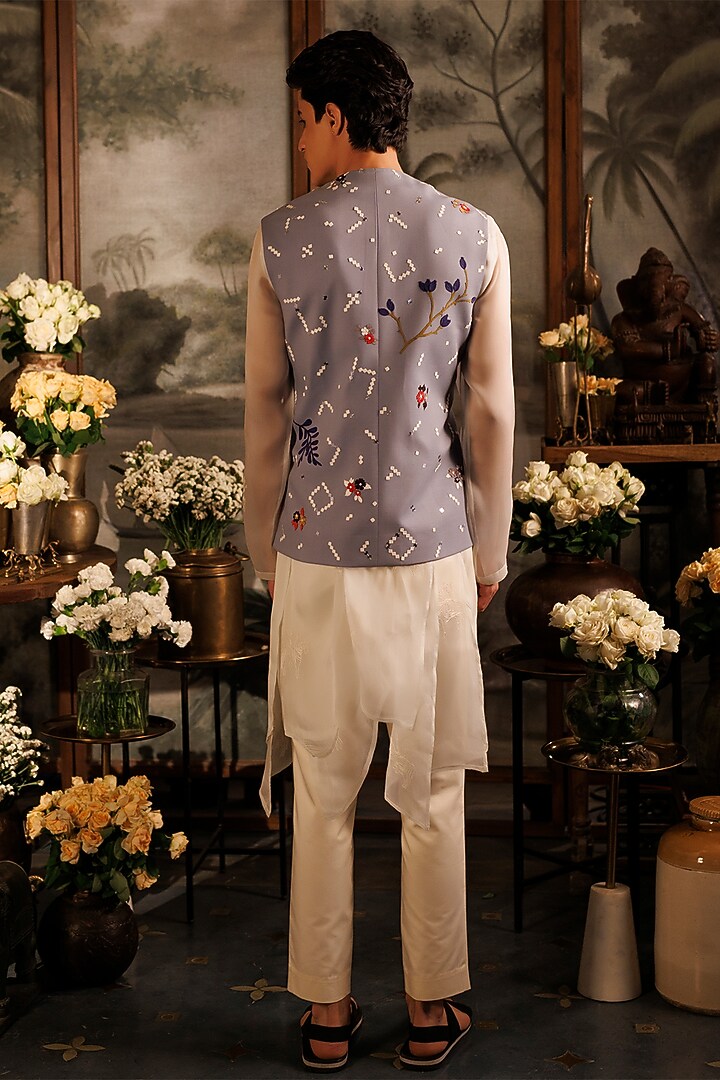 Grey Suiting Sequins Hand Embroidered Asymmetric Bundi Jacket by Sahil Kochhar Men at Pernia's Pop Up Shop