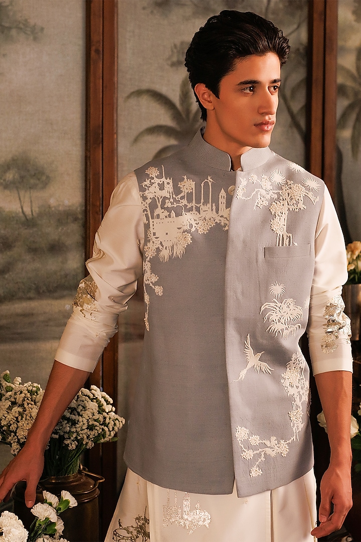 Grey Matka Silk 3D Applique Work Bundi Jacket by Sahil Kochhar Men