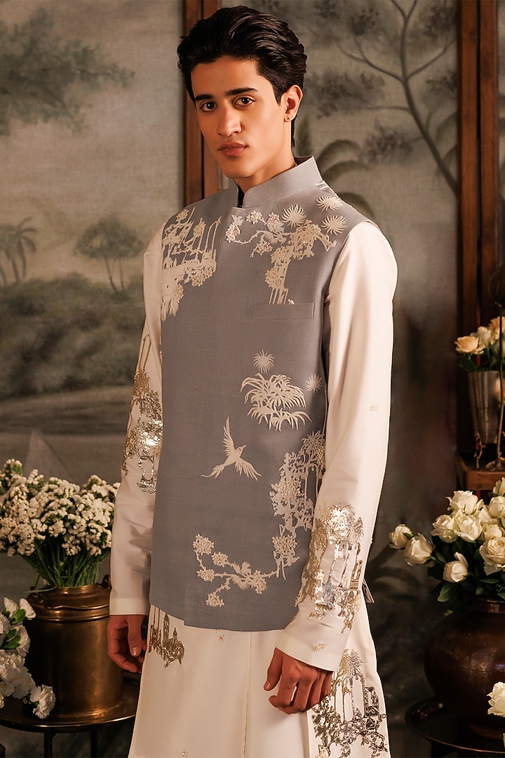 Grey Matka Silk 3D Applique Work Bundi Jacket by Sahil Kochhar Men at Pernia's Pop Up Shop