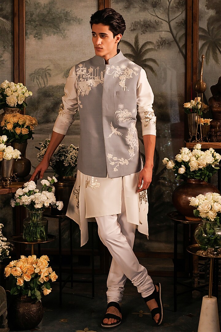 Grey Matka Silk 3D Applique Work Bundi Jacket by Sahil Kochhar Men at Pernia's Pop Up Shop