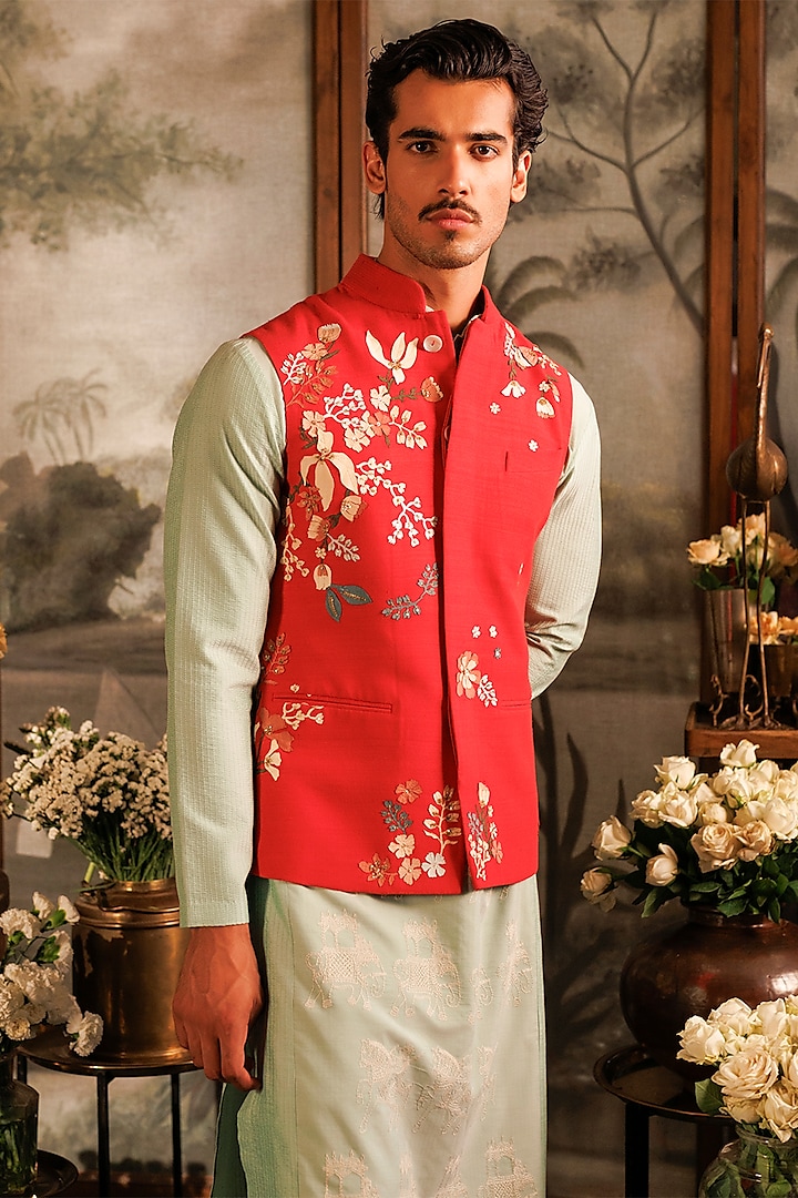 Red Matka Silk Sequins Hand Embroidered Bundi Jacket by Sahil Kochhar Men