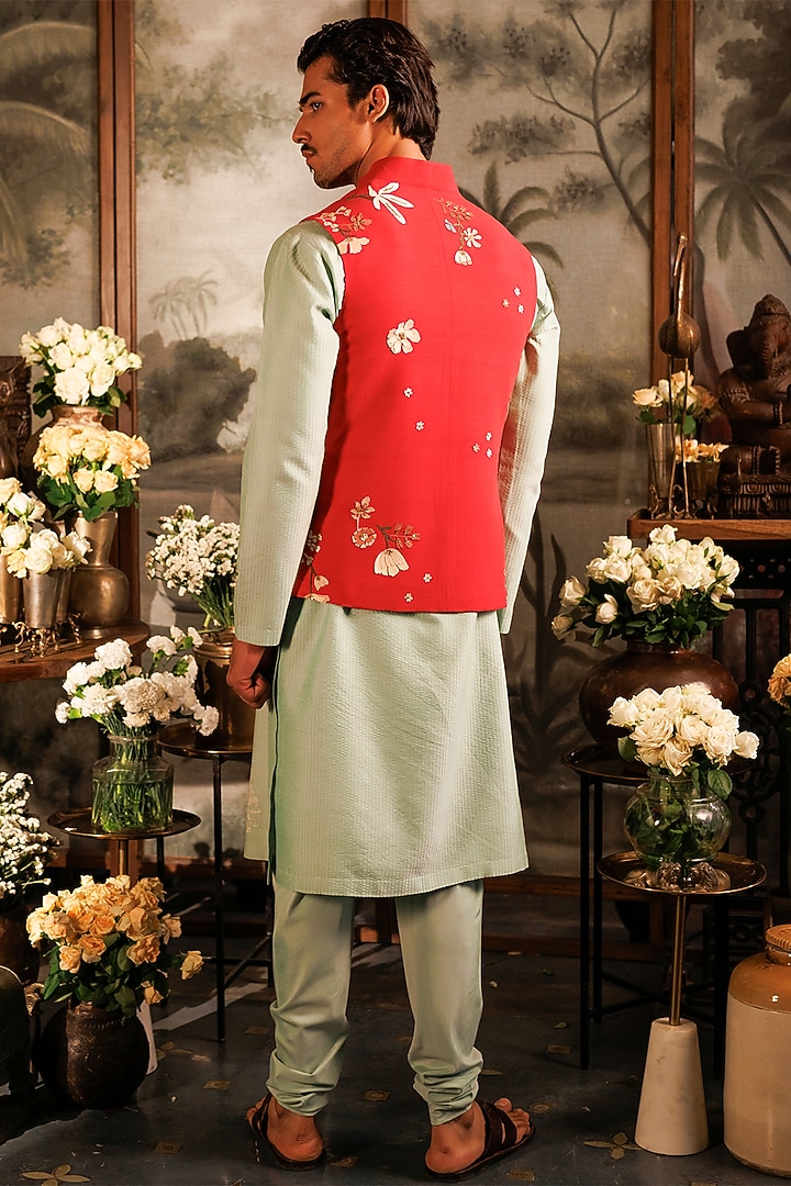 Red Matka Silk Sequins Hand Embroidered Bundi Jacket by Sahil Kochhar Men at Pernia's Pop Up Shop