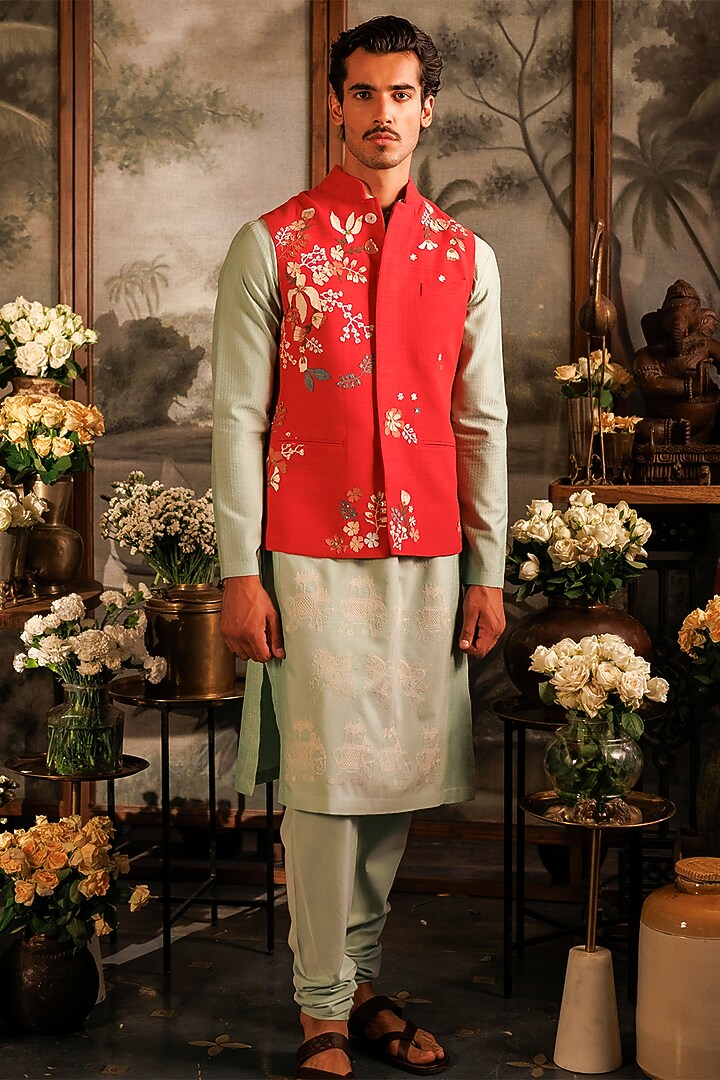 Red Matka Silk Sequins Hand Embroidered Bundi Jacket by Sahil Kochhar Men at Pernia's Pop Up Shop