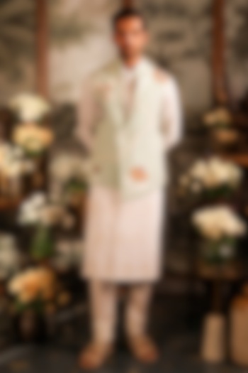 Green Matka Silk Floral Work Asymmetric Bundi Jacket by Sahil Kochhar Men at Pernia's Pop Up Shop