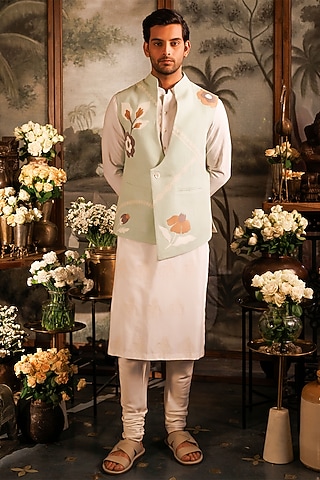 Green Matka Silk Floral Work Asymmetric Bundi Jacket by Sahil Kochhar Men