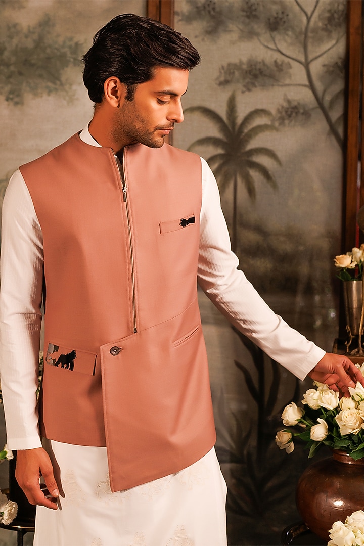 Pink Suiting Asymmetrical Bundi Jacket by Sahil Kochhar Men at Pernia's Pop Up Shop