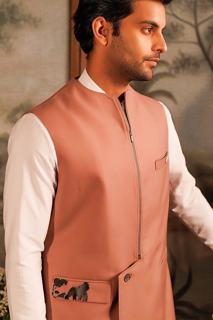 Pink Suiting Asymmetrical Bundi Jacket by Sahil Kochhar Men at Pernia's Pop Up Shop