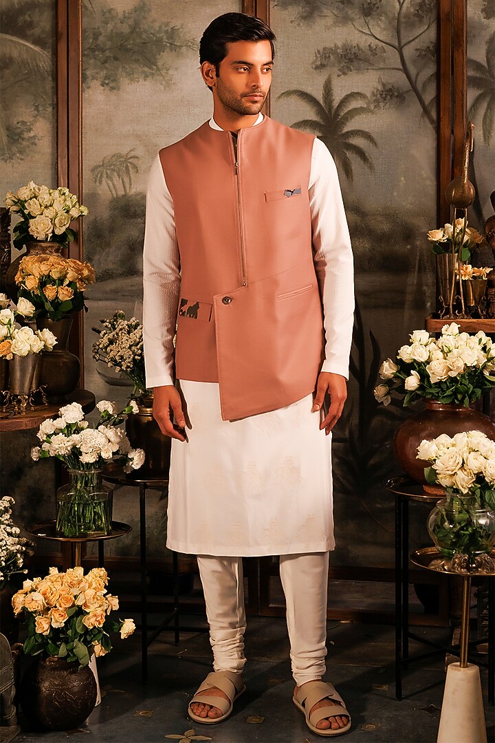 Pink Suiting Asymmetrical Bundi Jacket by Sahil Kochhar Men at Pernia's Pop Up Shop