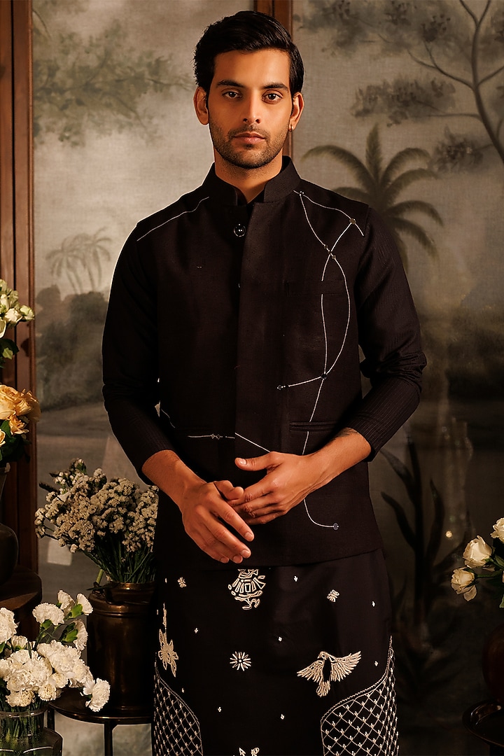 Black Matka Silk Floral Applique Embroidered Bundi Jacket by Sahil Kochhar Men