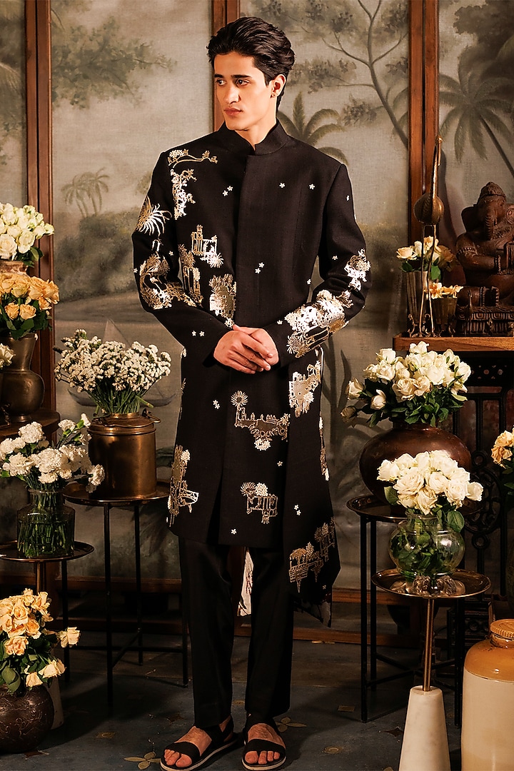 Black Matka Silk Floral Applique Hand Embroidered Groom Sherwani Set by Sahil Kochhar Men at Pernia's Pop Up Shop